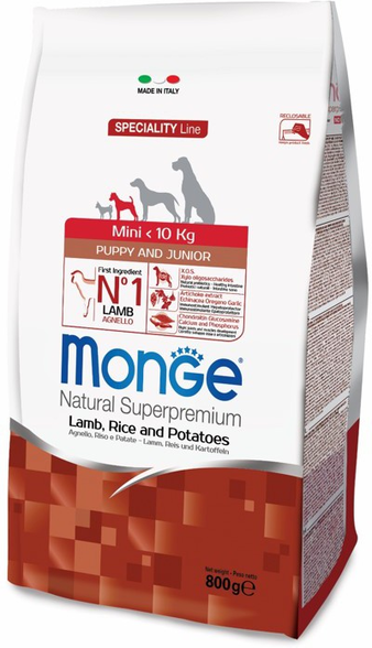 Корм для собаки Monge Dog Speciality Puppy Mini для щенков с ягненком и рисом, мешок 0,8 кг