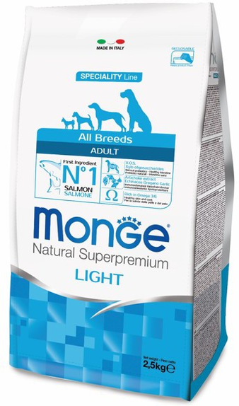 Корм для собаки Monge Dog Speciality Light корм для собак всех пород низкоколорийный лосось с рисом