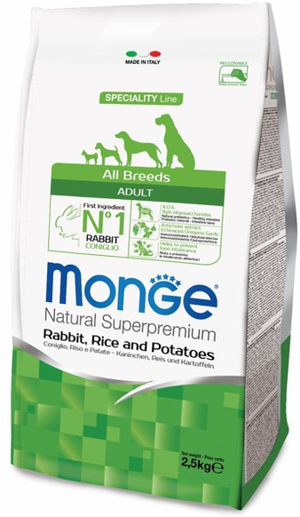 Корм для собаки Monge Dog Speciality корм для взрослых собак всех пород кролик с рисом и картофелем, мешок 12 кг