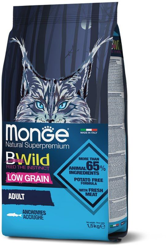 Корм для кошки Monge Bwild LOW GRAIN Cat Anchovies корм для взрослых кошек с анчоусам, мешок 10 кг