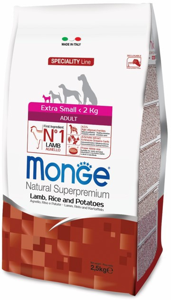 Корм для собаки Monge Dog Speciality Extra Small корм для взрослых собак миниатюрных пород ягненок с рисом и картофелем, мешок 0,8 кг