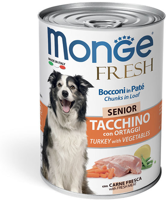 Влажный корм Monge Dog Fresh Chunks in Loaf консервы для пожилых собак мясной рулет индейка с овощами 400г