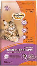 Корм для кошки Мнямс Hairball&Indoor с ягненком для выведения комков шерсти из желудка, мешок 10 кг