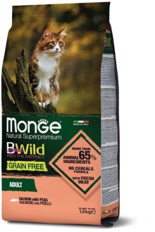 Корм для кошки Monge Cat BWild GRAIN FREE беззерновой корм из лосося, мешок 1,5 кг