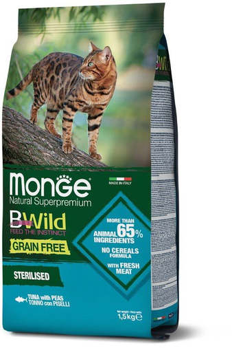 Корм для кошки Monge Cat BWild GRAIN FREE для стерилизованных кошек из тунца и гороха, мешок 1,5 кг