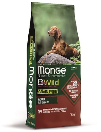 Корм для собаки Monge Dog BWild GRAIN FREE с ягненком, картофелем и горохом, мешок 12 кг