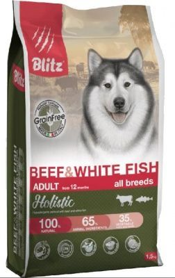Корм для собаки Blitz Holistic говядина/белая рыба беззерновой, мешок 12 кг