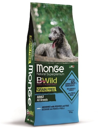 Корм для собаки Monge BWild GRAIN FREE беззерновой корм из анчоуса с картофелем и горохом для всех пород, мешок 12 кг