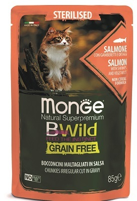 Влажный корм Monge Cat BWild GRAIN FREE паучи из лосося с креветками и овощами для стерилизованных кошек 85г