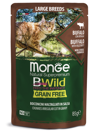Влажный корм Monge Cat BWild GRAIN FREE паучи из мяса буйвола с овощами для кошек крупных пород 85г