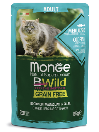 Влажный корм Monge Cat BWild GRAIN FREE паучи из трески с креветками и овощами для взрослых кошек 85г