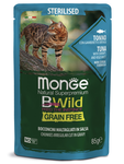 Влажный корм Monge Cat BWild GRAIN FREE паучи из тунца с креветками и овощами для стерилизованных кошек 85г