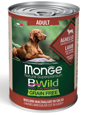 Влажный корм Monge Dog BWild GRAIN FREE беззерновые консервы из ягненка с тыквой и кабачками для взрослых собак всех пород 400г