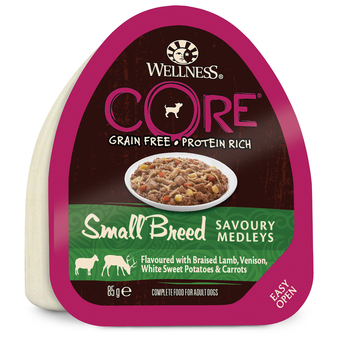 Влажный корм Wellness Core SMALL BREED консервы из баранины с олениной, белым сладким картофелем и морковью для собак мелких пород 85 г
