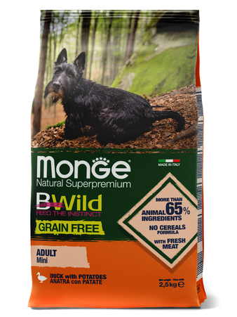 Корм для собаки Monge BWild GRAIN FREE Mini корм для взрослых собак мелких пород, беззерновой, из утки с картофелем, мешок 2,5 кг