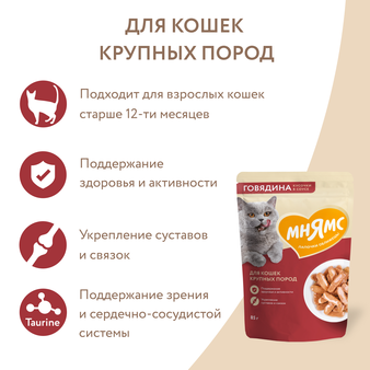 Влажный корм Мнямс Кусочки в соусе с говядиной для крупных кошек 85г (изображение 5)