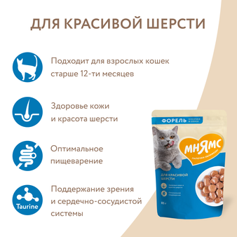Влажный корм Мнямс Кусочки в соусе с форелью для красивой шерсти кошек 85г (изображение 5)