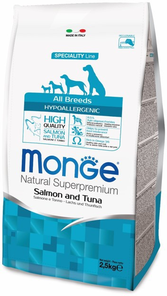 Корм для собаки Monge Adult Hypoallergenic Fish для взрослых собак гипоаллергенный лосось с тунцом